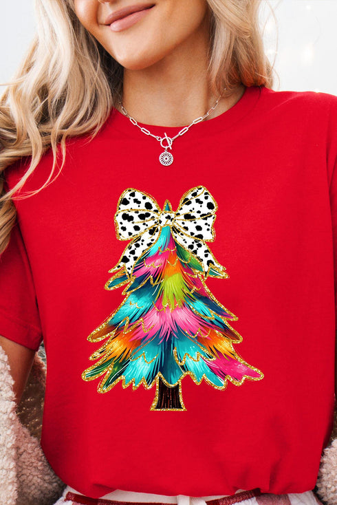 Bow Decor Tree Graphic Print Crew Neck Tee