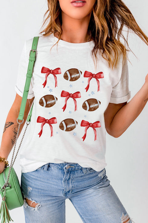 Bow Detail Rugby Graphic Short Sleeve Crew Neck Tee