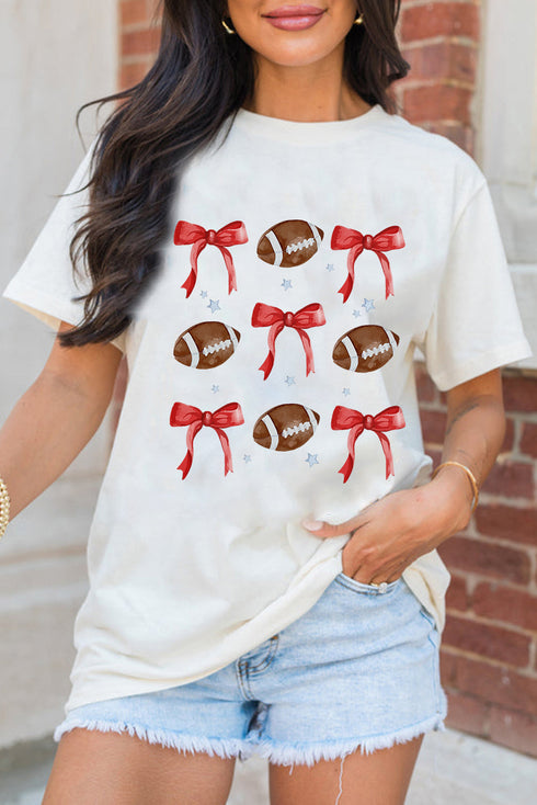 Bow Detail Rugby Graphic Short Sleeve Crew Neck Tee