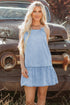 Bow Detail Spaghetti Strap Ruffle Hem Denim Mini Dress