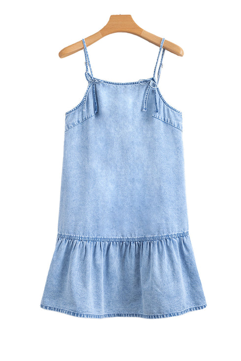 Bow Detail Spaghetti Strap Ruffle Hem Denim Mini Dress