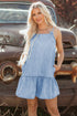 Bow Detail Spaghetti Strap Ruffle Hem Denim Mini Dress