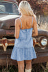 Bow Detail Spaghetti Strap Ruffle Hem Denim Mini Dress