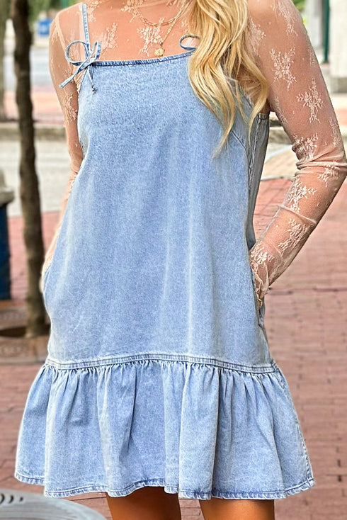 Bow Detail Spaghetti Strap Ruffle Hem Denim Mini Dress