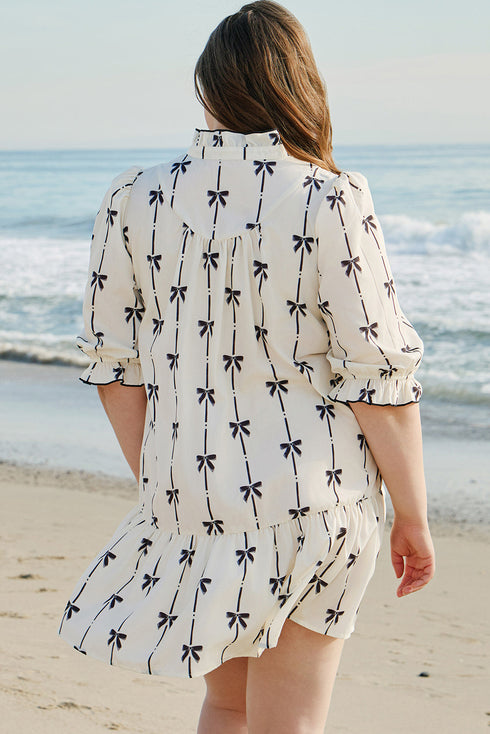 Bow Detail Stripe Print Puff Sleeve Ruffled Mini Dress