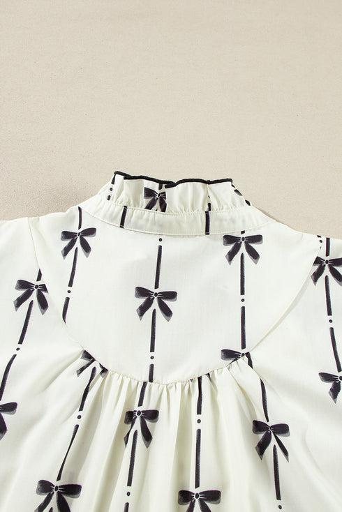 Bow Detail Stripe Print Puff Sleeve Ruffled Mini Dress