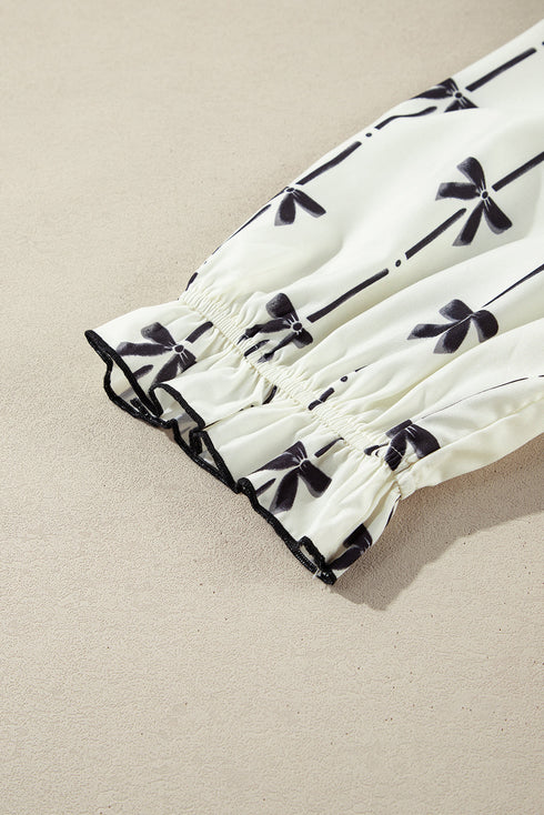 Bow Detail Stripe Print Puff Sleeve Ruffled Mini Dress