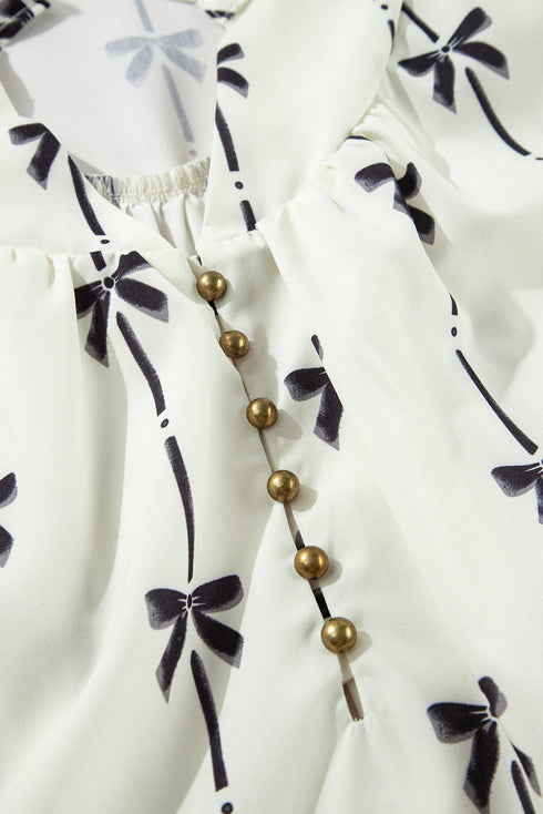 Bow Detail Stripe Print Puff Sleeve Ruffled Mini Dress