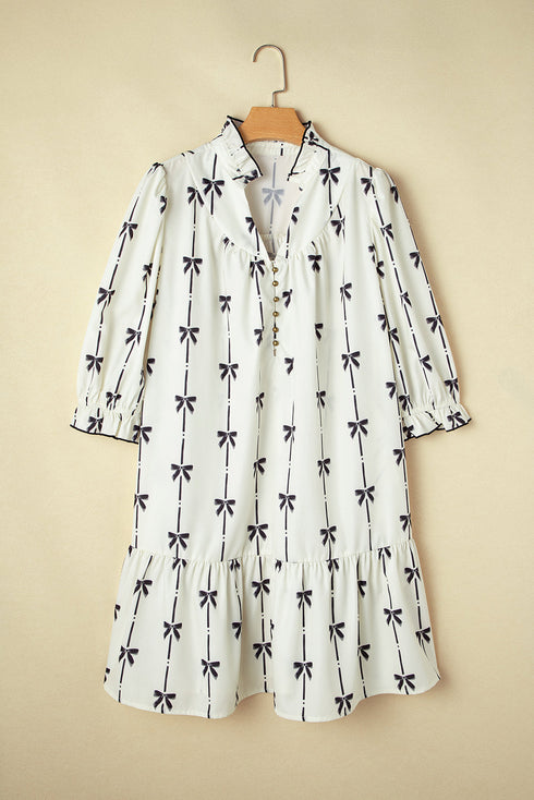 Bow Detail Stripe Print Puff Sleeve Ruffled Mini Dress