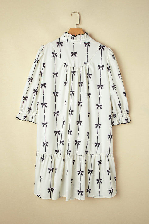 Bow Detail Stripe Print Puff Sleeve Ruffled Mini Dress
