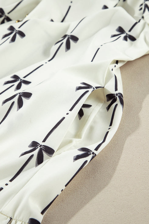 Bow Detail Stripe Print Puff Sleeve Ruffled Mini Dress