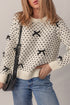 Bow Embellished Heart Pattern Crew Neck Sweater