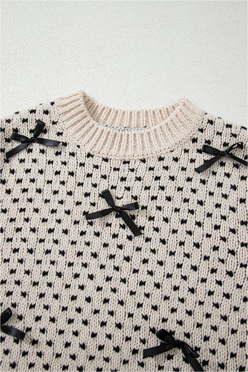 Bow Embellished Heart Pattern Crew Neck Sweater