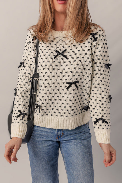 Bow Embellished Heart Pattern Crew Neck Sweater