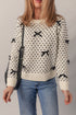 Bow Embellished Heart Pattern Crew Neck Sweater