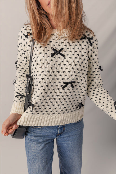 Bow Embellished Heart Pattern Crew Neck Sweater