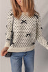 Bow Embellished Heart Pattern Crew Neck Sweater