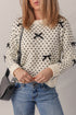 Bow Embellished Heart Pattern Crew Neck Sweater