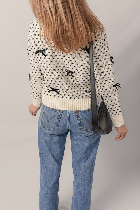 Bow Embellished Heart Pattern Crew Neck Sweater