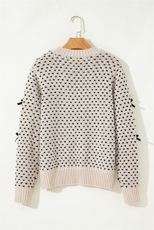 Bow Embellished Heart Pattern Crew Neck Sweater
