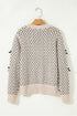 Bow Embellished Heart Pattern Crew Neck Sweater