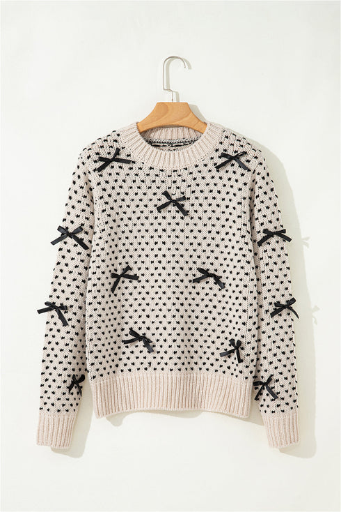 Bow Embellished Heart Pattern Crew Neck Sweater