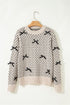Bow Embellished Heart Pattern Crew Neck Sweater