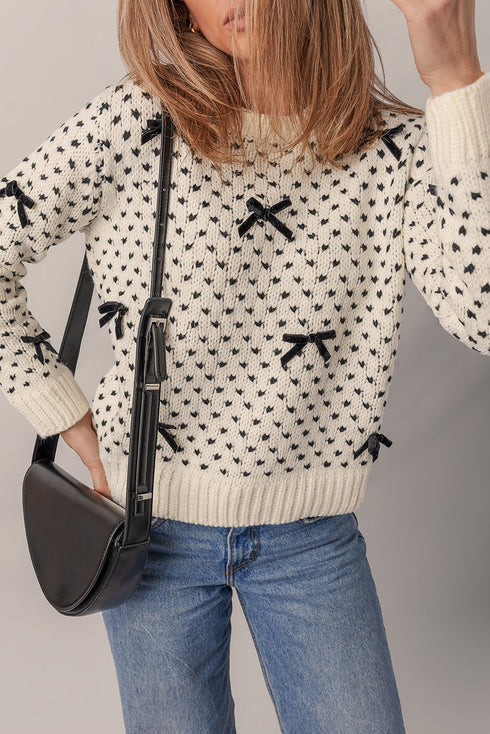Bow Embellished Heart Pattern Crew Neck Sweater
