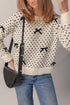 Bow Embellished Heart Pattern Crew Neck Sweater