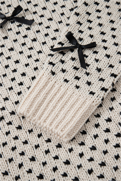 Bow Embellished Heart Pattern Crew Neck Sweater