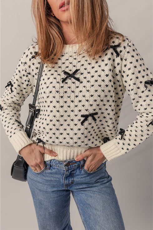 Bow Embellished Heart Pattern Crew Neck Sweater