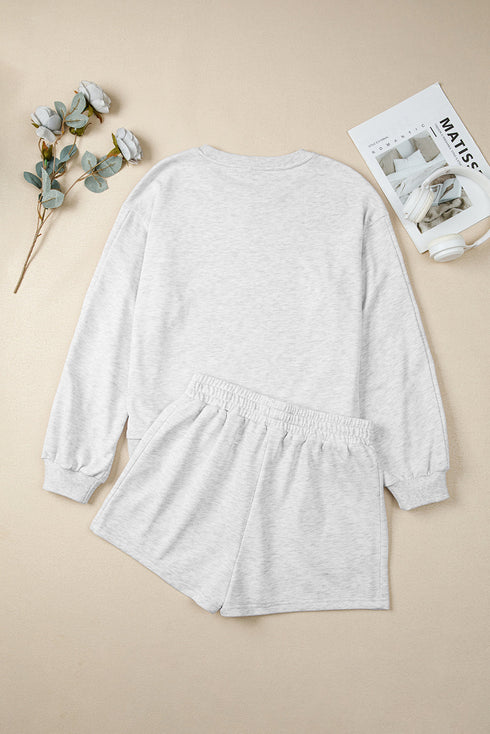 Bow Embroidered Drop Shoulder Pullover Knit Short Set