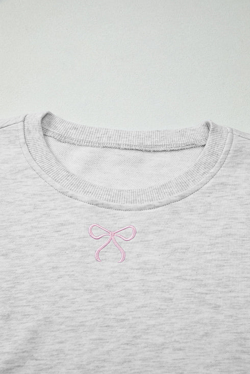 Bow Embroidered Drop Shoulder Pullover Knit Short Set