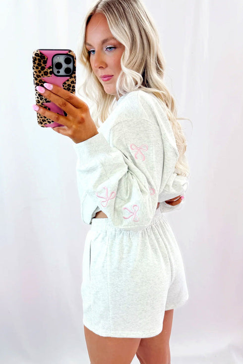 Bow Embroidered Drop Shoulder Pullover Knit Short Set