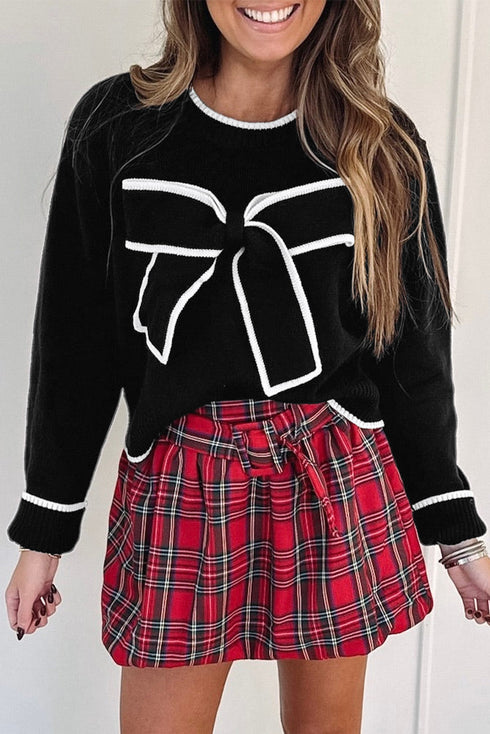 Bow Front Crew Neck Long Sleeve Knit Sweater
