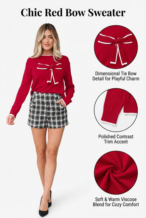 Bow Front Crew Neck Long Sleeve Knit Sweater