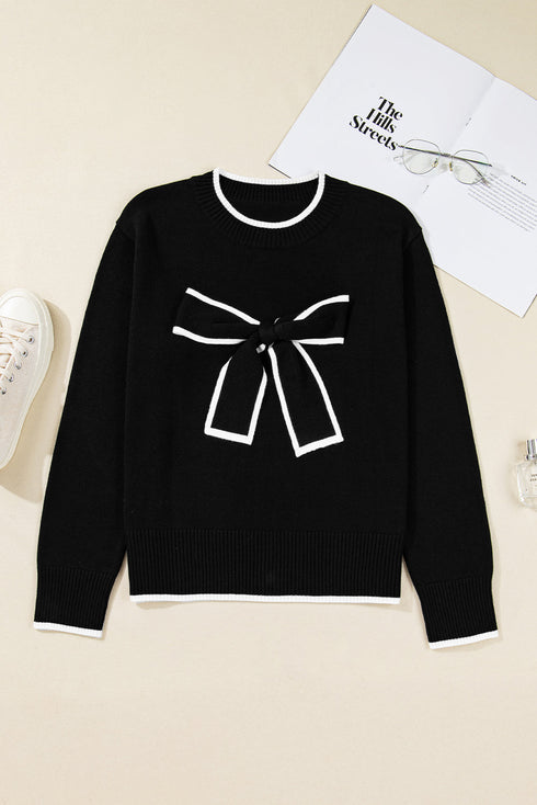 Bow Front Crew Neck Long Sleeve Knit Sweater