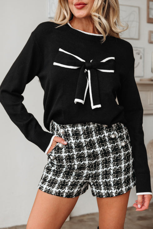 Bow Front Crew Neck Long Sleeve Knit Sweater