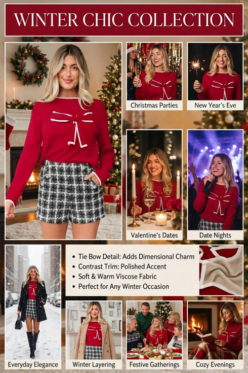 Bow Front Crew Neck Long Sleeve Knit Sweater