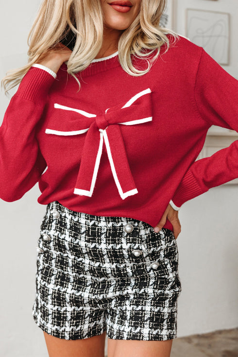 Bow Front Crew Neck Long Sleeve Knit Sweater