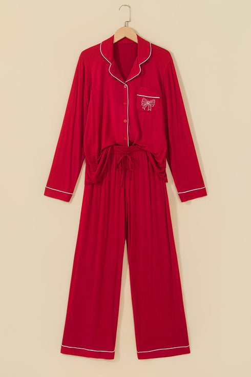 Bow Front Pocket Long Sleeve Shirt Pajama Lounge Set