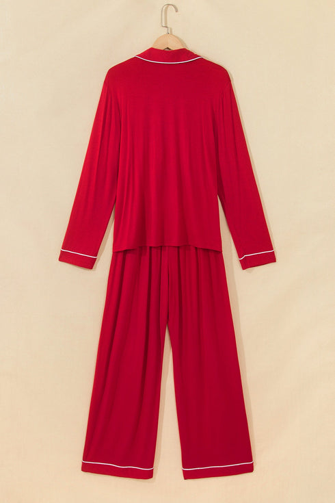 Bow Front Pocket Long Sleeve Shirt Pajama Lounge Set
