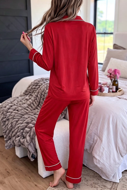Bow Front Pocket Long Sleeve Shirt Pajama Lounge Set