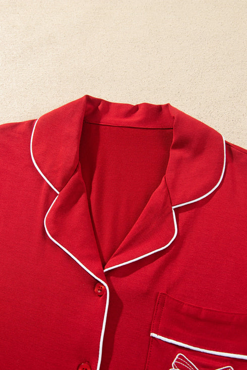 Bow Front Pocket Long Sleeve Shirt Pajama Lounge Set