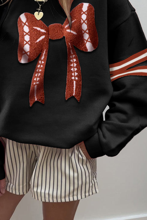 Bow Graphic Striped Sleeve Drop Shoulder Oversized Crewneck Sweatshirt