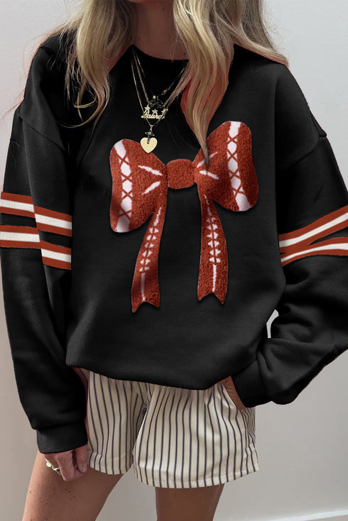 Bow Graphic Striped Sleeve Drop Shoulder Oversized Crewneck Sweatshirt
