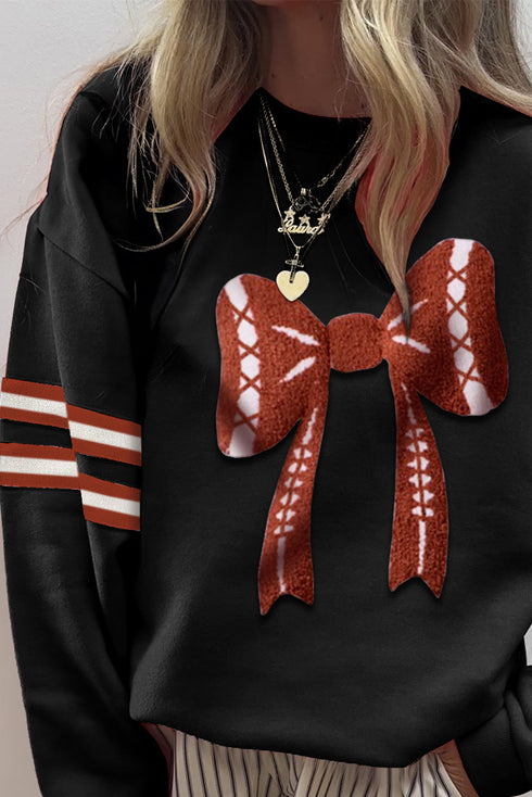 Bow Graphic Striped Sleeve Drop Shoulder Oversized Crewneck Sweatshirt