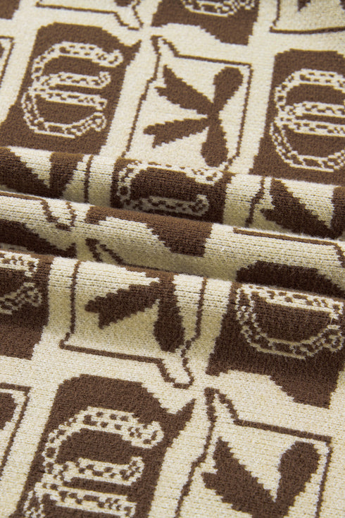 Bow Horseshoe Checkered Jacquard Crewneck Drop Shoulder Sweater