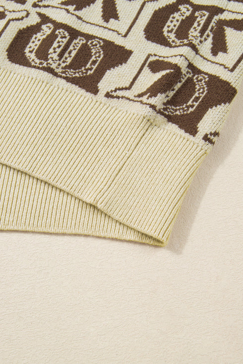 Bow Horseshoe Checkered Jacquard Crewneck Drop Shoulder Sweater