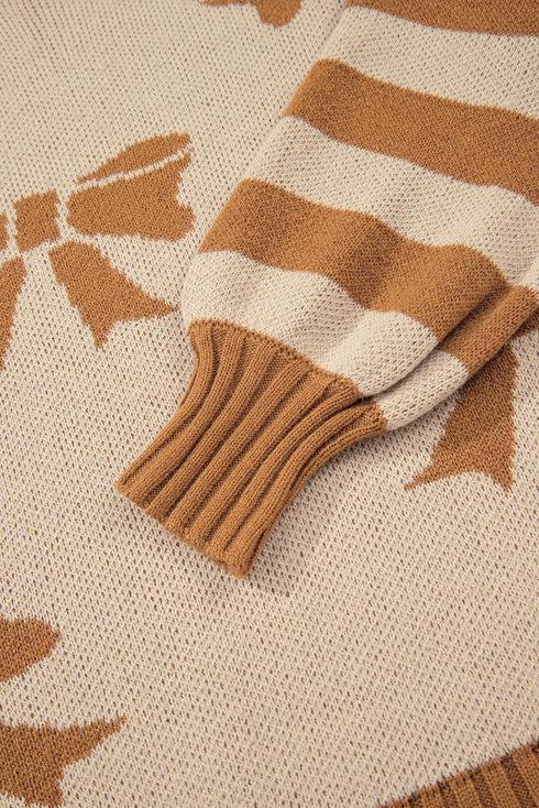Bow Intarsia Check And Stripe Sleeve Drop Shoulder Rib Trim Sweater